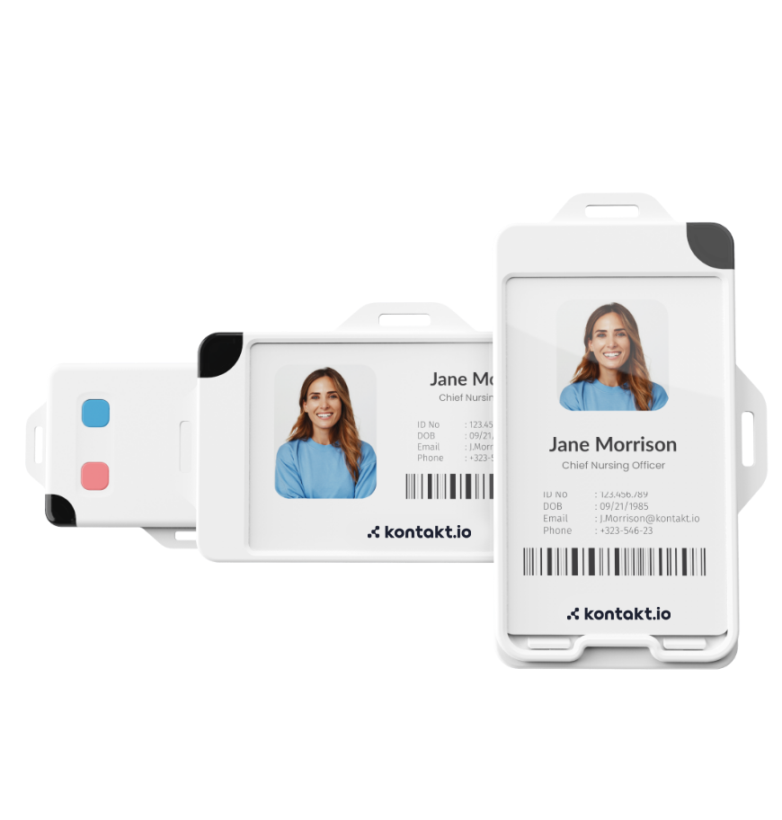 render showing 2 in 1 smart badge for hospital staff duress by kontakt io