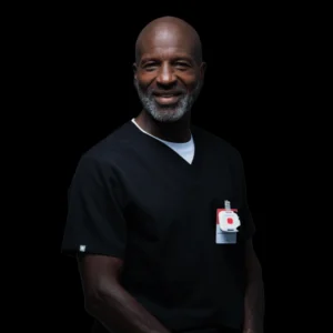 doctor wearing kontakt io badge on dark background