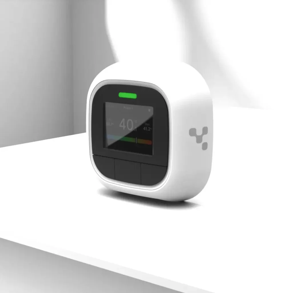 Close up of Kontakt.io temperature monitoring device for hospitals with Continuous Monitoring on white background